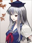  blue_hair hat kamishirasawa_keine leaf lips long_hair maple_leaf multicolored_hair red_eyes silver_hair smile solo sun-3 touhou two-tone_hair upper_body 