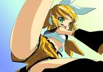  bad_id bad_pixiv_id blonde_hair from_below green_eyes headset kagamine_rin looking_down okina_ika open_mouth panties short_hair shorts simple_background solo spread_legs striped striped_panties underwear vocaloid 