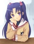  bangs blue_hair blush breast_pocket buttons clannad closed_mouth gradient gradient_background hair_bobbles hair_ornament hand_on_own_cheek head_tilt hijiki_(hijikini) hikarizaka_private_high_school_uniform ichinose_kotomi long_hair long_sleeves looking_at_viewer parted_bangs pocket purple_eyes school_uniform serafuku sleeve_cuffs solo tsurime two_side_up upper_body very_long_hair 