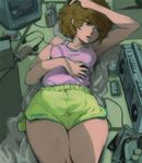  80s boombox brown_hair can copyright_request headphones lying oldschool product_placement short_hair shorts solo tank_top television thighs tomioka_jirou 