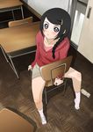  black_hair blush braid chair classroom desk ghost_hound indoors komagusu_miyako looking_up purple_eyes school_desk shoes single_shoe socks solo tonbo 