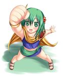  :d arm_up cape clenched_hand d_kurouri final_fantasy final_fantasy_iv green_eyes green_hair green_sarong open_mouth rydia sandals sarong short_hair smile solo younger 