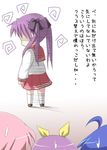  ahoge blue_hair bow from_behind hair_bow hair_ribbon hiiragi_kagami hiiragi_tsukasa izumi_konata kneehighs lucky_star multiple_girls pink_hair pleated_skirt purple_hair ribbon ryouou_school_uniform sad school_uniform serafuku skirt socks sweat takara_miyuki tekehiro translated tsundere twintails white_legwear yellow_bow 