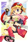  :d akazukin armlet bare_shoulders blonde_hair blue_eyes blush cape helmet looking_at_viewer midriff navel open_mouth otogi-juushi_akazukin rainbow_background smile solo stomach tachitsu_teto tareme twintails 