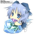  blue_eyes blue_hair blush bow chibi cirno frog hair_bow ice ice_cube solo touhou wings 