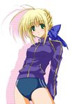  ahoge artoria_pendragon_(all) blonde_hair buruma double_vertical_stripe fate/stay_night fate_(series) green_eyes gym_uniform jacket kineya_emuko raglan_sleeves saber solo 