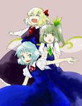  blonde_hair blue_eyes blue_hair bow cirno closed_eyes daiyousei green_eyes green_hair hair_bow hair_ribbon lowres multiple_girls neck_ribbon necktie outstretched_arms ribbon rumia shikai_(iesiki_56) short_hair side_ponytail spread_arms touhou wings 