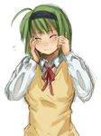  ahoge bow closed_eyes green_hair hairband school_uniform short_hair simple_background sketch solo sweater_vest tamaru_tokihiko tears to_heart_2 vest yoshioka_chie 