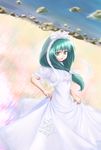  beach dress front_ponytail gr_(artist) green_eyes green_hair hong_meiling kagiyama_hina long_hair looking_at_viewer ocean outdoors puffy_short_sleeves puffy_sleeves rock sand shore short_hair short_sleeves solo standing touhou wedding_dress white_dress 