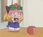  animated animated_gif cup gradient_hair indoors lowres mug multicolored_hair potemayo potemayo_(character) sharp_teeth solo teeth tongue tongue_out 