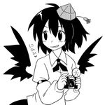  camera greyscale grin hat looking_away monochrome shameimaru_aya shaomin smile solo tokin_hat touhou 