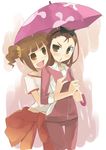  brown_eyes brown_hair holding holding_umbrella idolmaster idolmaster_(classic) idolmaster_1 minase_iori multiple_girls noripachi shared_umbrella takatsuki_yayoi twintails umbrella 