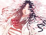  black_hair bleach cherry_blossoms closed_eyes hair_down haori japanese_clothes long_hair lowres puchi_(code-k) solo taichou_haori unohana_retsu 