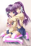  clannad fujibayashi_kyou fujibayashi_ryou hikarizaka_private_high_school_uniform hug multiple_girls satou_takeshi school_uniform siblings sisters thighhighs twins 