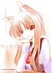  animal_ears brown_hair chin_rest g-ist holo long_hair red_eyes smile solo spice_and_wolf wolf_ears 