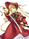  blonde_hair blue_eyes bonnet bow bowtie capelet dress green_bow green_neckwear holding holding_sword holding_weapon long_hair long_sleeves looking_at_viewer red_capelet red_dress rozen_maiden sabamu scabbard sheath shinku sidelocks simple_background solo sword twintails unsheathed very_long_hair weapon white_background 