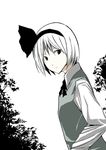  bow from_side greyscale hair_bow hairband kajiki konpaku_youmu long_sleeves looking_at_viewer looking_to_the_side monochrome shirt simple_background solo touhou vest white_background 