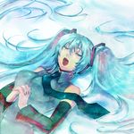  aqua_hair bare_shoulders closed_eyes detached_sleeves hands_clasped hatsune_miku long_hair lying necktie open_mouth own_hands_together partially_submerged solo tamachi_kuwa twintails very_long_hair vocaloid water 