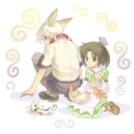  1girl animal_ears apron blue_eyes boots brown_eyes cat collar dog_ears dog_tail dress flat_chest grey_hair hair_brush hair_ornament holding_another's_tail looking_back maid original pants ponytail sash short_hair shorts sitting smile socks sparkle squatting strap tail tail_grab watanuki_nao white_hair 