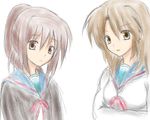  2girls brown_eyes brown_hair genderswap koizumi_itsuki koizumi_itsuki_(female) kyon kyonko long_sleeves looking_at_viewer multiple_girls ponytail red_ribbon ribbon sailor_collar school_uniform serafuku shirt silver_hair simple_background suzumiya_haruhi_no_yuuutsu upper_body white_background white_shirt 