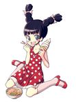  1girl black_hair bow chopsticks copyright_request dress food ice_cream kimarin kneehighs noodles polka_dot polka_dot_bow polka_dot_dress polka_dot_legwear ramen red_footwear saliva shoes socks solo twintails 