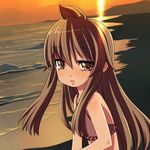  ahoge bad_id bad_pixiv_id beach brown_eyes brown_hair highres long_hair minami-ke minami_chiaki ocean okina_ika solo sunset 