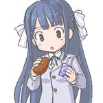  blue_hair bread copyright_request drinking_straw food hair_ribbon juice long_hair lowres oekaki open_mouth red_eyes ribbon school_uniform solo takayaki 