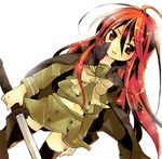  alastor_(shakugan_no_shana) black_legwear brown_eyes cape dutch_angle jewelry katana long_hair lowres navel pendant red_hair school_uniform shakugan_no_shana shana simple_background sword tachitsu_teto thighhighs weapon 