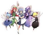  bad_id bad_pixiv_id between_fingers blonde_hair blue_eyes blue_hair book braid cirno green_eyes hair_ribbon hat hong_meiling izayoi_sakuya kasuga_ayumu_(haruhipo) knife multiple_girls outstretched_arms patchouli_knowledge purple_hair red_eyes red_hair ribbon rumia silver_hair spread_arms touhou twin_braids v 