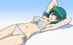  bikini blue_eyes green_hair highres honjou_mikaze lying side-tie_bikini solo stratos_4 swimsuit vector_trace wallpaper 