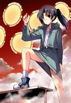  amasawa_yuuko black_hair blue_coat blue_eyes blue_skirt boots circle dennou_coil furball glasses google looking_at_viewer matsuzaki_yutaka red_sky skirt sky solo white_legwear 