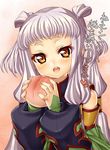  child code_geass food fruit holding holding_food holding_fruit kink peach silver_hair solo tianzi yellow_eyes 