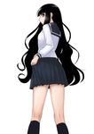  black_legwear blush from_behind itoshiki_rin kneehighs long_hair long_sleeves looking_at_viewer looking_back sailor_collar sayonara_zetsubou_sensei school_uniform serafuku shirt simple_background solo standing sugar_(sugarless) very_long_hair wavy_hair white_background white_shirt 