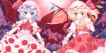  bat_wings blonde_hair blue_hair embellished_costume flandre_scarlet flower frills gathers gloves hat komi_zumiko moon multiple_girls night red_eyes red_flower red_moon red_rose remilia_scarlet ribbon rose short_hair siblings sisters skirt_basket touhou wings wrist_cuffs 