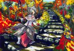  animal_ears autumn autumn_leaves fox_ears green_eyes grey_hair japanese_clothes looking_back luft multiple_tails original outstretched_arms short_hair solo spread_arms stairs tail tree walking 