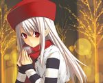  albino fate/stay_night fate_(series) fur_hat hat illyasviel_von_einzbern long_hair red_eyes red_hat red_scarf scarf shingo_(missing_link) solo striped white_hair 