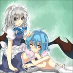  :3 bat_wings blue_hair grey_eyes izayoi_sakuya maid multiple_girls no_hat no_headwear petting red_eyes remilia_scarlet shingetsu_takehito silver_hair smile touhou white_hair wings 