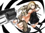  artist_request blonde_hair boots choker copyright_request curly_hair green_eyes gun handgun revolver scan shorts solo thighhighs weapon 