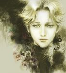  as_(ashes) bishounen blonde_hair closed_mouth face flower green grey_background half-closed_eyes johan_liebert lips looking_at_viewer male_focus monochrome monster_(manga) portrait realistic rose simple_background smile solo upper_body 