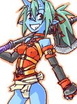  artist_request axe blue_oni blue_skin copyright_request demon_girl gloves green_hair horns lowres oekaki oni solo weapon 