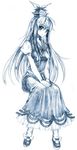  dress graphite_(medium) hat kamishirasawa_keine light_smile long_hair monochrome multicolored_hair simple_background sitting sketch solo touhou traditional_media two-tone_hair usaki_(ama) v_arms 