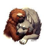  ambiguous_gender black_nose brown_fur canine eyes_closed falvie fur grey_fur hug mammal plain_background sloth white_background wolf 