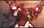  arrow blush bow_(weapon) breasts cleavage eyeball feet horns huge_weapon japanese_clothes kimono letterboxed long_hair long_sleeves looking_at_viewer medium_breasts obi off_shoulder ofuda original quiver red_eyes red_hair sandals sash solo weapon wide_sleeves zenn 