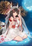  absurdres animal_ears azur_lane black_hair breasts cannon collar detached_sleeves dress eyebrows_visible_through_hair fireworks fox_ears hair_ornament happy_tears highres hime_cut japanese_clothes jewelry long_hair long_sleeves looking_at_viewer lostwing66 medium_breasts moon nagato_(azur_lane) necklace night obi petals ripples sash sitting sky solo star_(sky) starry_sky tears turret veil wariza water wedding_dress wide_sleeves yellow_eyes 