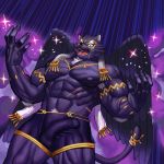  1:1 abs armpit_hair body_hair bottomwear bulge clothed clothing english_text felid genital_outline grau39 male mammal muscular muscular_male nipples pantherine pecs penis_outline scar shorts text tezcatlipoca tokyo_afterschool_summoners topless video_games wings 