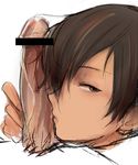  bar_censor brown_eyes brown_hair censored erection from_side hair_over_one_eye head ikezawa_kazuma looking_at_viewer looking_to_the_side lowres male_focus penis penis_kiss precum profile simple_background sketch summer_wars tsukuru_(seki_sabato) white_background yaoi 
