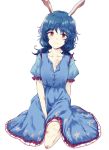  1girl animal_ears bangs blue_dress blue_hair breasts bruise bunny_ears collarbone commentary_request crescent_print dress eyebrows_visible_through_hair frills hair_between_eyes highres injury long_hair looking_at_viewer low_twintails puffy_short_sleeves puffy_sleeves red_eyes seiran_(touhou) seiza short_sleeves simple_background sitting small_breasts smile solo star star_print thighs touhou twintails uranaishi_(miraura) white_background 