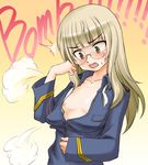  1girl blonde_hair breast_reduction breasts glasses long_hair military military_uniform mirutsu_(milts) nipples perrine_h_clostermann small_breasts solo strike_witches uniform world_witches_series yellow_background yellow_eyes 