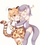  2girls :d ;o animal_ears bangs bare_shoulders beige_background black_neckwear blush bow bowtie eyebrows_visible_through_hair eyes_closed fingerless_gloves frilled_swimsuit frills fur_collar gloves grey_hair hug jaguar_(kemono_friends) jaguar_ears jaguar_print jaguar_tail kemono_friends matsuu_(akiomoi) multiple_girls musical_note one-piece_swimsuit one_eye_closed open_mouth otter_ears otter_tail shirt short_hair short_sleeves simple_background skirt small-clawed_otter_(kemono_friends) smile swimsuit tail thighhighs toeless_legwear white_hair white_shirt zettai_ryouiki 