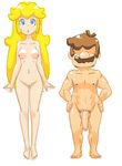  1girl artist_name blonde_hair blue_eyes breasts brown_hair commentary eyelashes facial_hair flaccid foreskin hands_on_hips height_difference large_penis lips long_hair looking_up male_pubic_hair mario mario_(series) minus8 mustache navel nipples nude parted_lips penis princess_peach pubic_hair pussy simple_background super_mario super_mario_bros. testicles white_background 